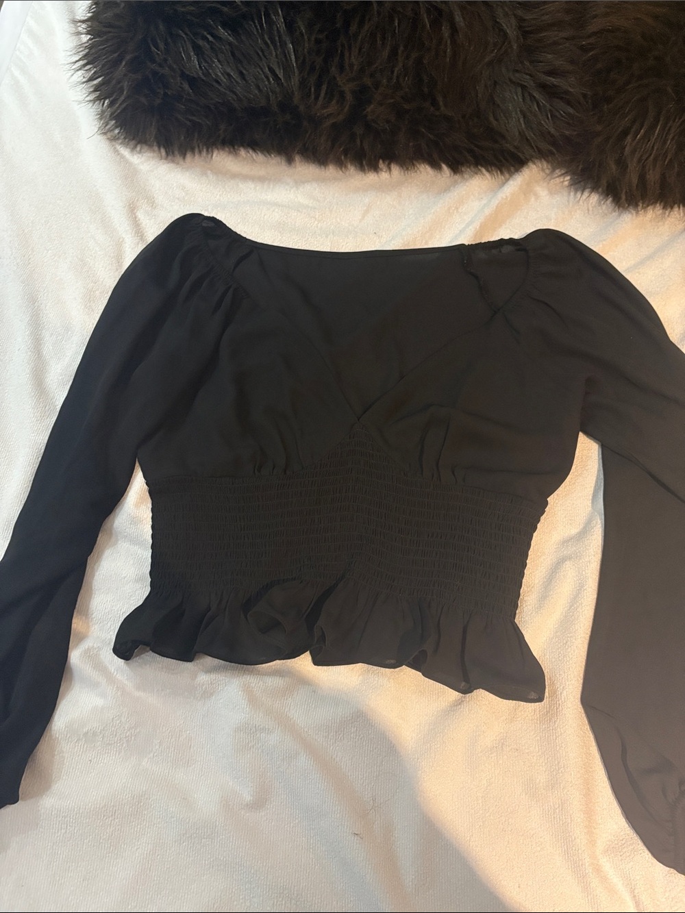 Black Smocked-Waist Long Sleeve Top